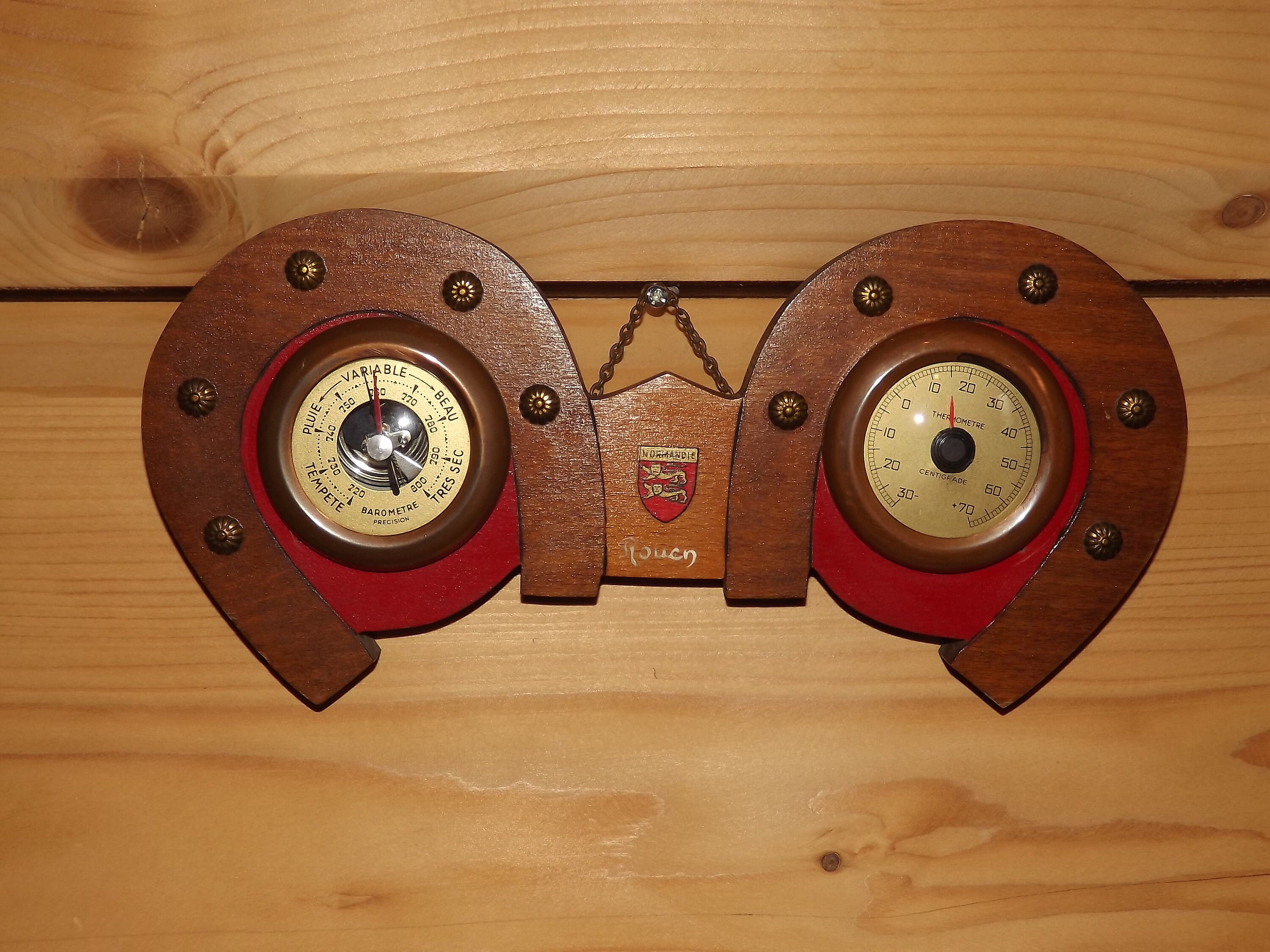 Vintage French Barometer Thermometer Wooden Horseshoes Normandie Rouen Souvenir Wall Barometer
