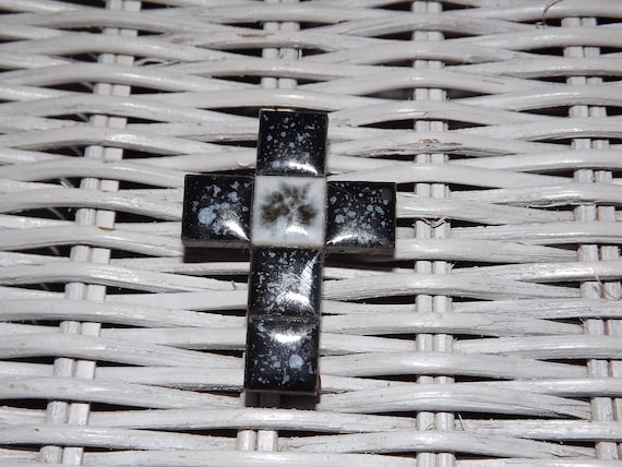 Vintage French Ceramic Tile Cross Brooch - Mini Tiles Christian Cross Blue and White - Religious Brooch