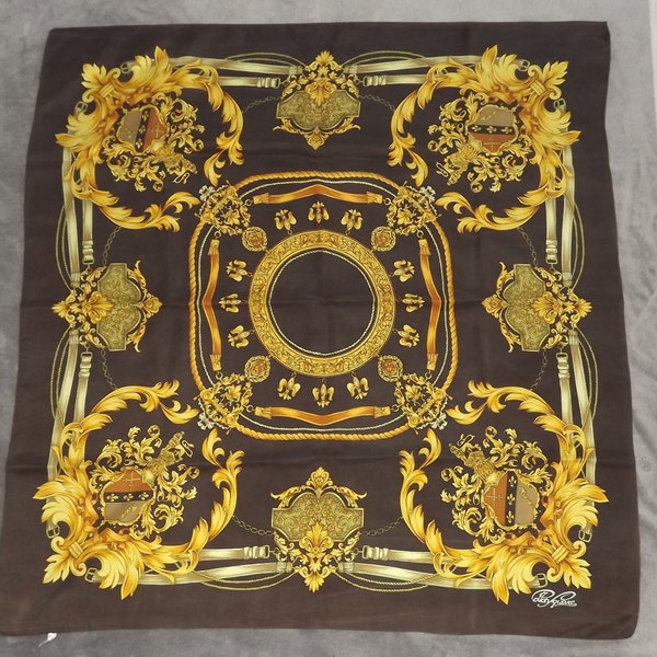 Vintage Scarf 100% Silk by Cotton Square - Royal Gold Decor Scarf - Brown and Gold Vintage Scarf - Coat of Arms Fleur de Lys