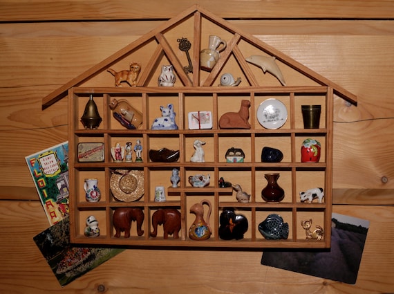 Vintage Wall Decor Wooden Shelving Filled with Miniatures Unique Objects Display Shelf Shadow Box Porcelain Animals Knick Knacks Curiosities