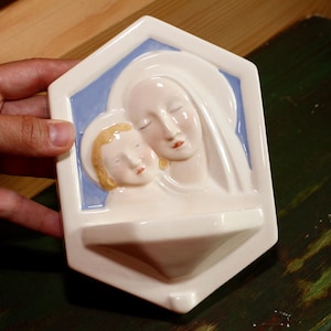 Vintage French Christian Holy Water Font Desvres Earthenware Signed C. Mano - Ceramic Desvres Virgin Mary and Child Holy Water Font