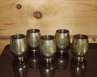 Vintage French Brass Glasses - Set of 5 Ciseled Brass Tumblers Floral Decor - Brass Drinking Cups