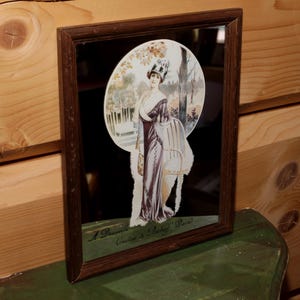 Vintage French Framed Mirror - Woman Fashion Printed Mirror - A Deauville Creation de Bechoff David - Wooden Frame Decorative Mirror