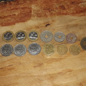 Set of 13 French Coins - Francs from 1920s to 1990s - French Coins Franc Centimes - Bon pour 2 Francs - French Numismatic