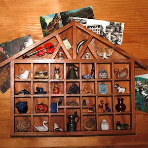 Vintage Wall Decor Wooden Shelving Filled with Miniatures Unique Objects Display Shelf Shadow Box Porcelain Animals Knick Knacks Curiosities