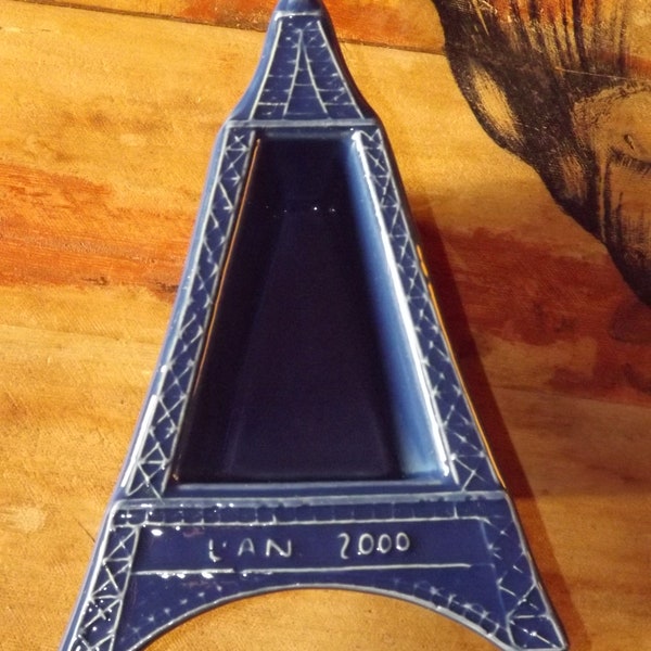 Vintage French Eiffel Tower Trinket Dish - Blue Ceramic L'an 2000 Eiffel Tower Shaped Dish Made in Bretagne - Vintage 2000 France Ring Dish