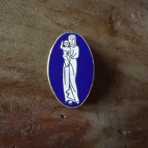 French Vintage Christian Brooch Pin Blue Enamel Penin A Lyon - Virgin Mary with Child Brooch Brass Enamelled