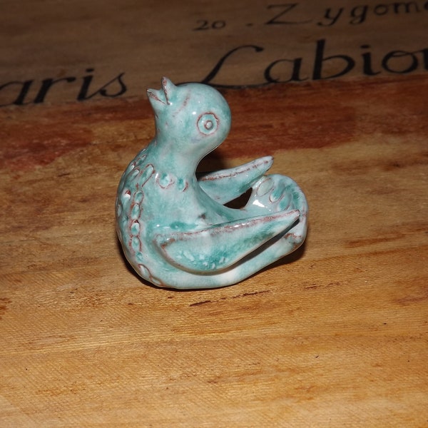 Vintage Français Poterie Céramique Oiseau Figurine - Fait à la main Bleu Émaillé Oiseau - Figurine d’Oiseau de Collection - Français Céramique Animal