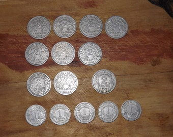 Set of 15 French Coins - 1 Franc and 2 Francs from 1943 to 1957 - WW2 French Coins Aluminium CR