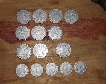 Set of 15 French Coins - 1 Franc and 2 Francs from 1943 to 1957 - WW2 French Coins Aluminium CR