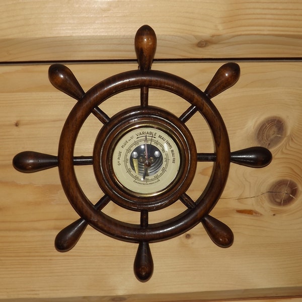 Vintage French Marine Barometer - Boat's Helm Wooden Barometer Precision - Ship Wheel Decoration - Steampunk Object - Captain Nemo