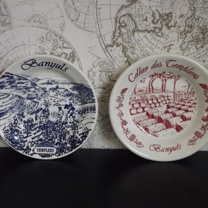 Vintage French 2 Ceramic Tip Dish Trays Templar Wine Cellier des Templiers Banyuls - French Wine Ceramic Money Dish Ashtrays French Bistrot