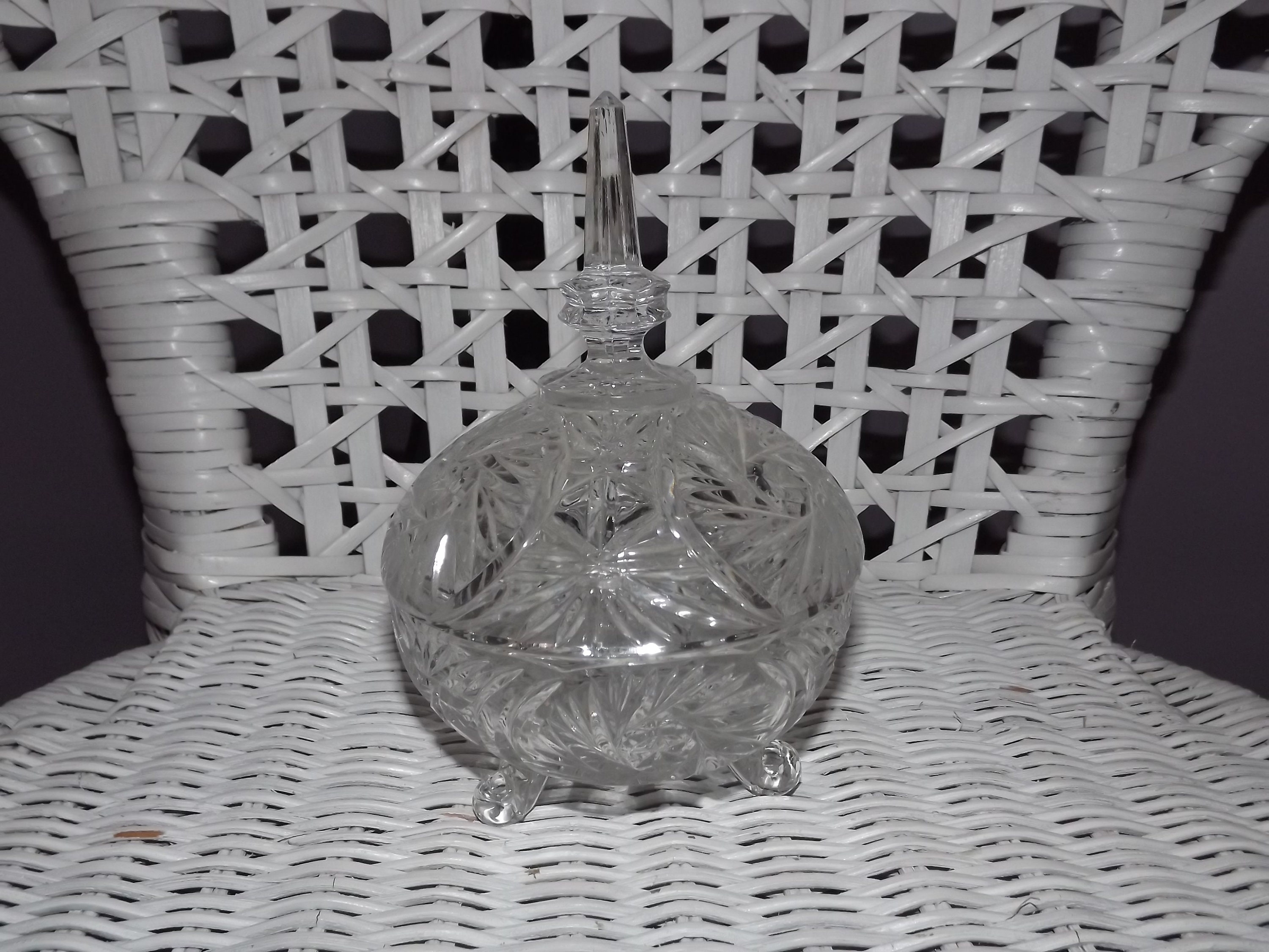 Vintage Français Bonbonnière - Verre Style Antique Bol en avec Couvercle Sucriere sur Pieds Pot Doux