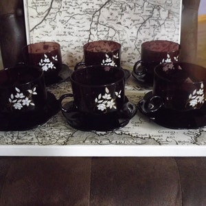 French Set of 6 Coffee or Tea Cups - Flower themed cups Smoky Glass - Cups with Saucers