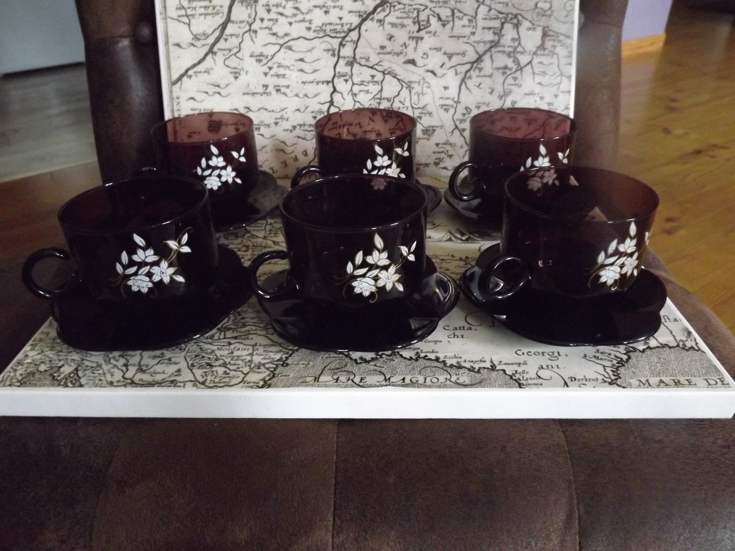 Français Set de 6 Tasses à Café ou Thé - Tasses Thème Fleurs Smoky Glass avec Soucoupes