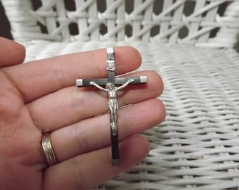 Vintage French Christian Cross Pendant Wooden and Metal - Catholic Souvenir Cross - Jesus Christ on Cross - Crucifix Pendant Dark Wood