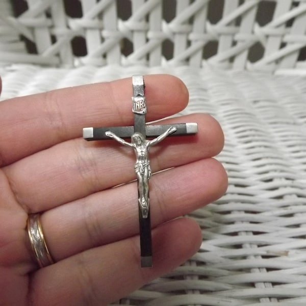 Vintage French Christian Cross Pendant Wooden and Metal - Catholic Souvenir Cross - Jesus Christ on Cross - Crucifix Pendant Dark Wood