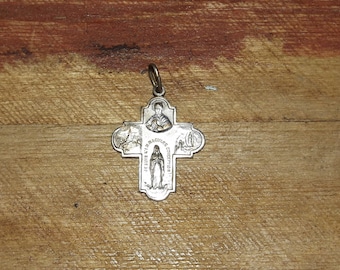 Vintage French Lourdes Cross Medal - Our Lady of Lourdes 1858 - 1958 Centenary of the Apparitions - Virgin Mary Silvered Medal