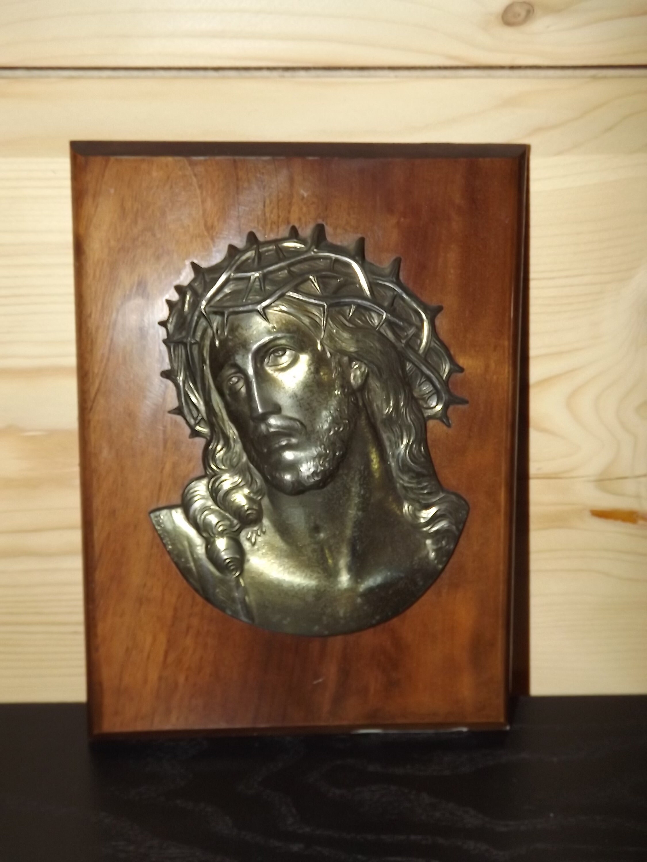 Français Jésus Vintage sur Plaque en Bois Signé Escudero - Plaque Murale Métal Jésus avec Couronne d