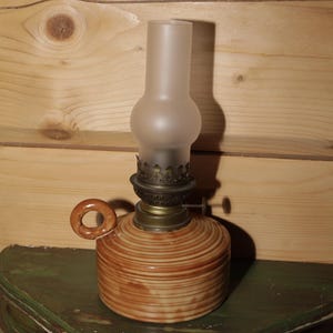 Beautiful Vintage French Oil Lamp - Pottery Reservoir Oil Lamp with Glass - Countryside Kerosene Lamp - Brown Glazed Ceramic Oil Lamp