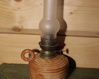Hermosa lámpara de aceite francesa vintage - Lámpara de aceite con depósito de cerámica y vidrio - Lámpara de queroseno de estilo rural - Lámpara de aceite de cerámica esmaltada marrón