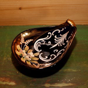 Vintage Italian Art Glass  Floral Painting - Decorative Glass Bowl Murano Style - Dark Blue Glass Ring Dish
