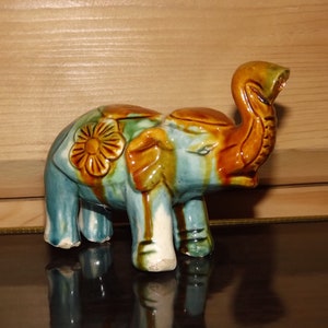 Nice Handmade Ceramic Elephant - Brown and Blue Glazing Elephant Flowers Decor - Elephant Figurine Trunk Up