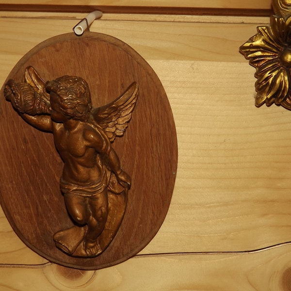 vintage Français Chérubin en plâtre sur plaque en bois - Chérubin ange doré avec corne de coquille sur plaque de bois ovale - Décor Renaissance Putto