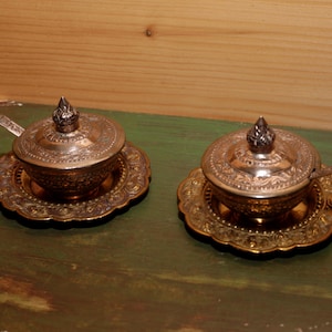 Antique Condiment Containers Silver Porcelain and Gilded Copper - Salt Pepper Containers with Spoons and Plates