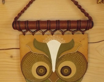 Nice Owl Leatherwork Macrame - Dot Painted Owl Wall Hanging - Bohemian Ethnic Leather Owl Forest Colors