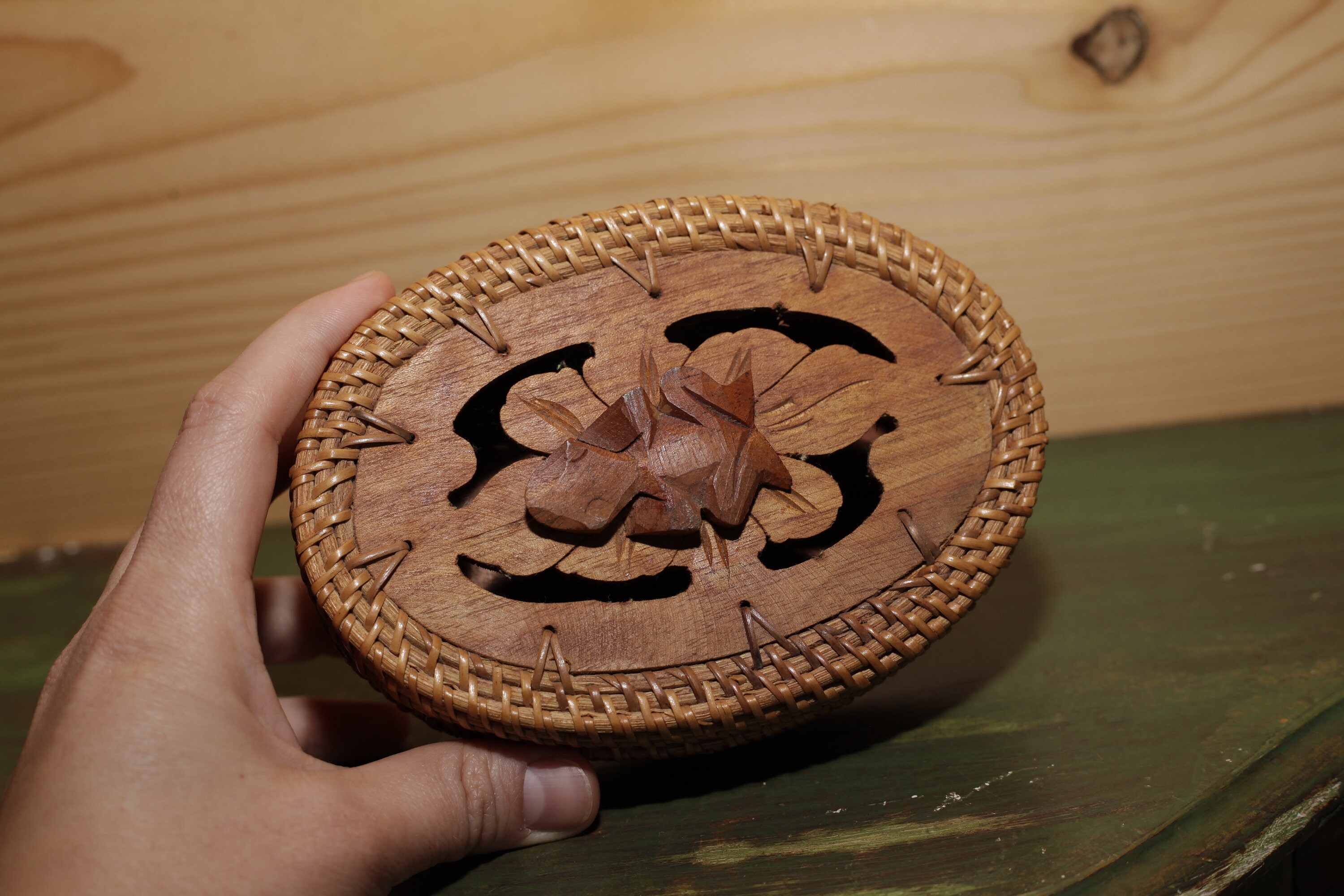 Vintage Wicker Box With Wooden Frog Indonesian Basket With Lid - Wooden ...