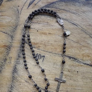 Vintage French Christian Rosary - Holy Family Rosary Black Beads Rosary Jesus Virgin Mary Cross