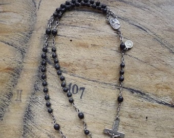 Vintage French Christian Rosary - Holy Family Rosary Black Beads Rosary Jesus Virgin Mary Cross