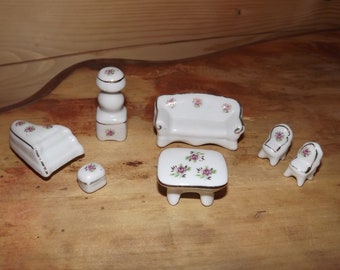 Beautiful French Set of 7 Miniatures Furnitures Porcelain - Piano Miniature Living Room - Vintage Doll House Miniatures Lounge