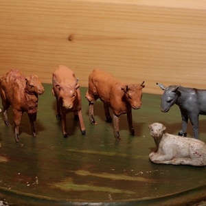 Antique French Set of Animals Santons - Devineau Christmas Crib Animals made of Plaster and Wood - Nativity Scene Cow Donkey Camel Sheep Dog