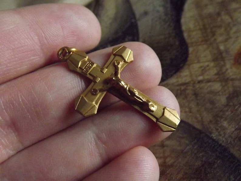 Beautiful Vintage French Gold Plated Cross Pendant - Lourdes Souvenir - Gold Crucifix Necklace Cross Jesus Christ -Art Deco Cross image 7