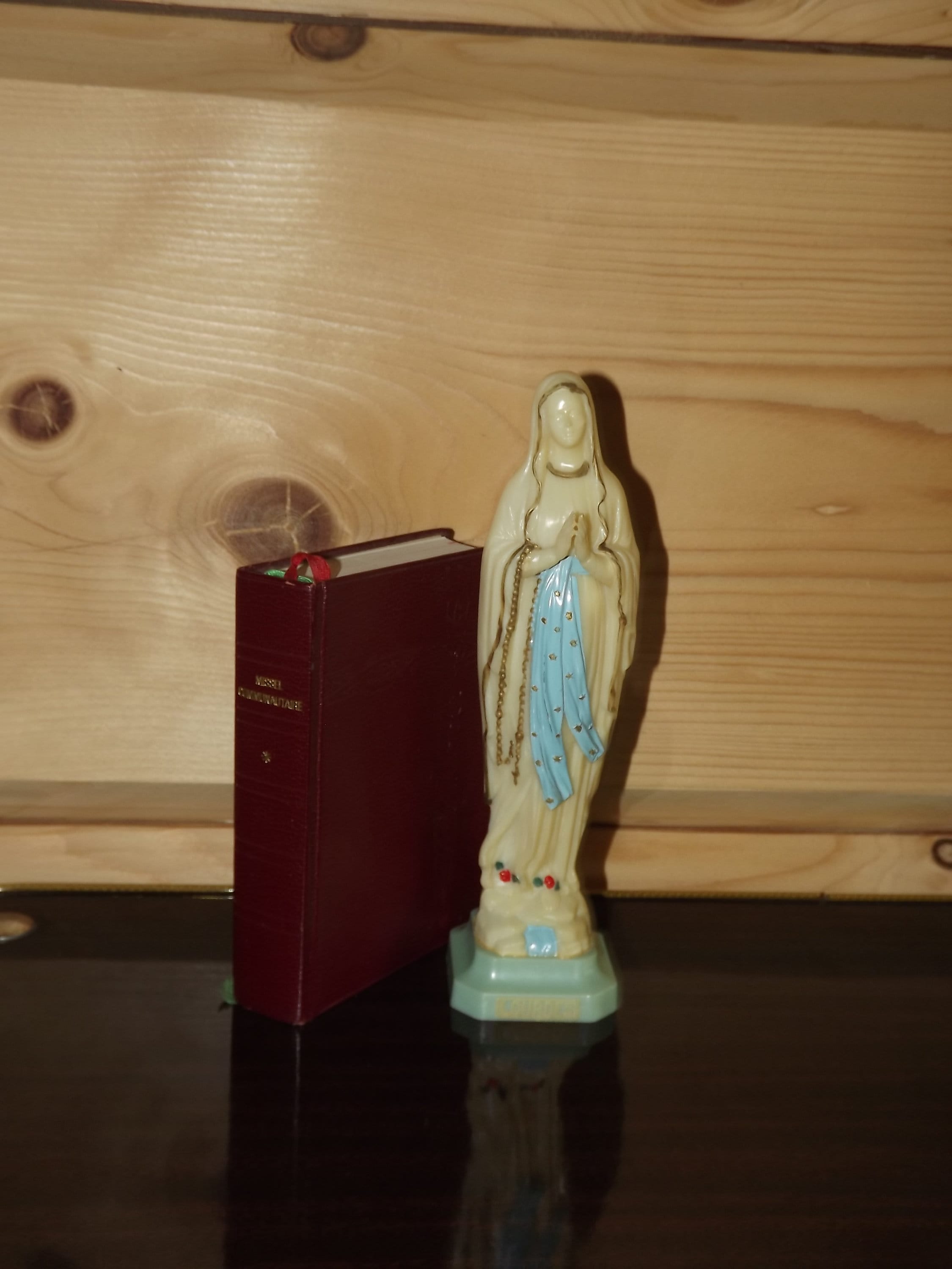 Français Vintage Set de Missel et Figurine Vierge Marie - Plastique Phosphorescent Statue Notre-Dame