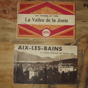 Conjunto vintage francês de 2 álbuns de cartões postais - Aix-les-Bains - Les Causses du Tarn - La Vallée de la Jonte - Cartões postais franceses
