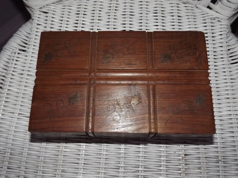 Vintage French Wooden Box with Brass Vine Leaves Inlay Jewelry Box Chic Countryside Decoration