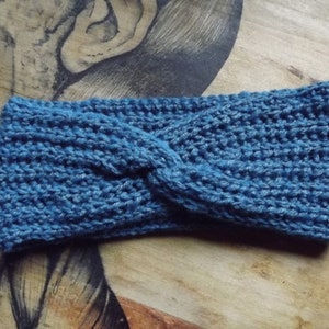 French Hand Knitted Headband - Blue Knitted Twisted Head Band - Ear Warmer