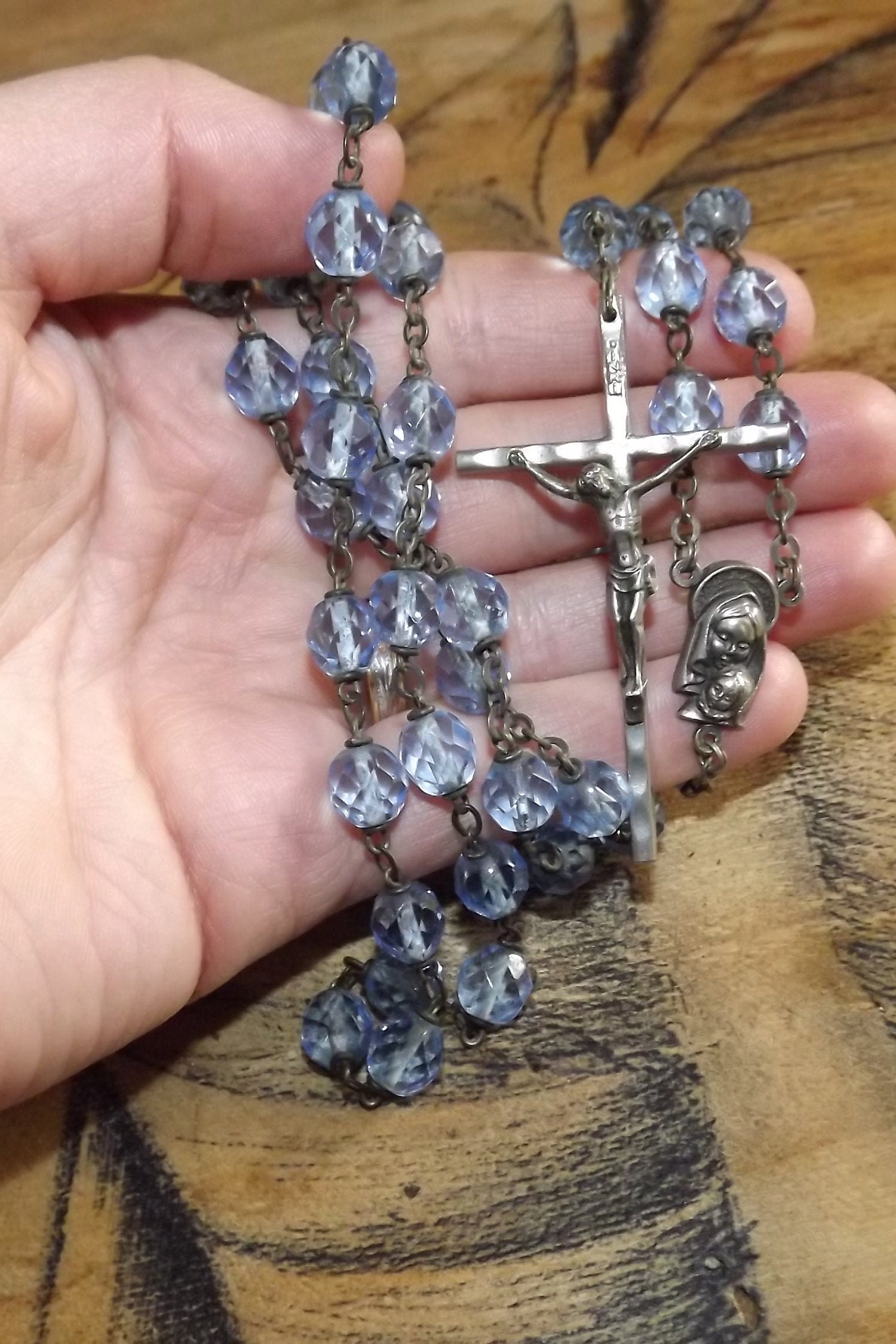 Rosaire Italien Vintage - Chapelet de Perles Verre Bleu Grand Rosaire Catholique à Croix Vierge Mari
