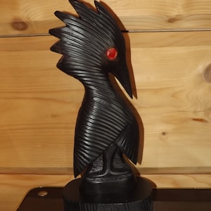 Beautiful Wooden Bird Statue - Black Bird Sculpture - Ethnic Wooden Statue - Black Bird Red Eyes - Bird Lover Gift