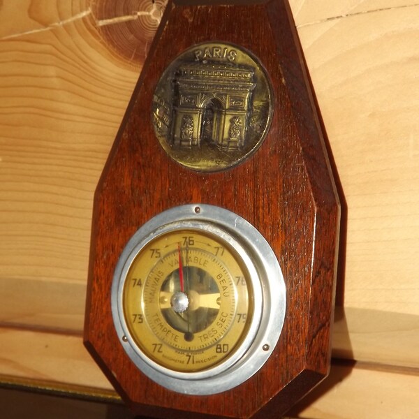 Vintage French Barometer Paris Arc de Triomphe - Barometre Precision Made in France - Wooden Barometer Paris Monument Weather Instrument