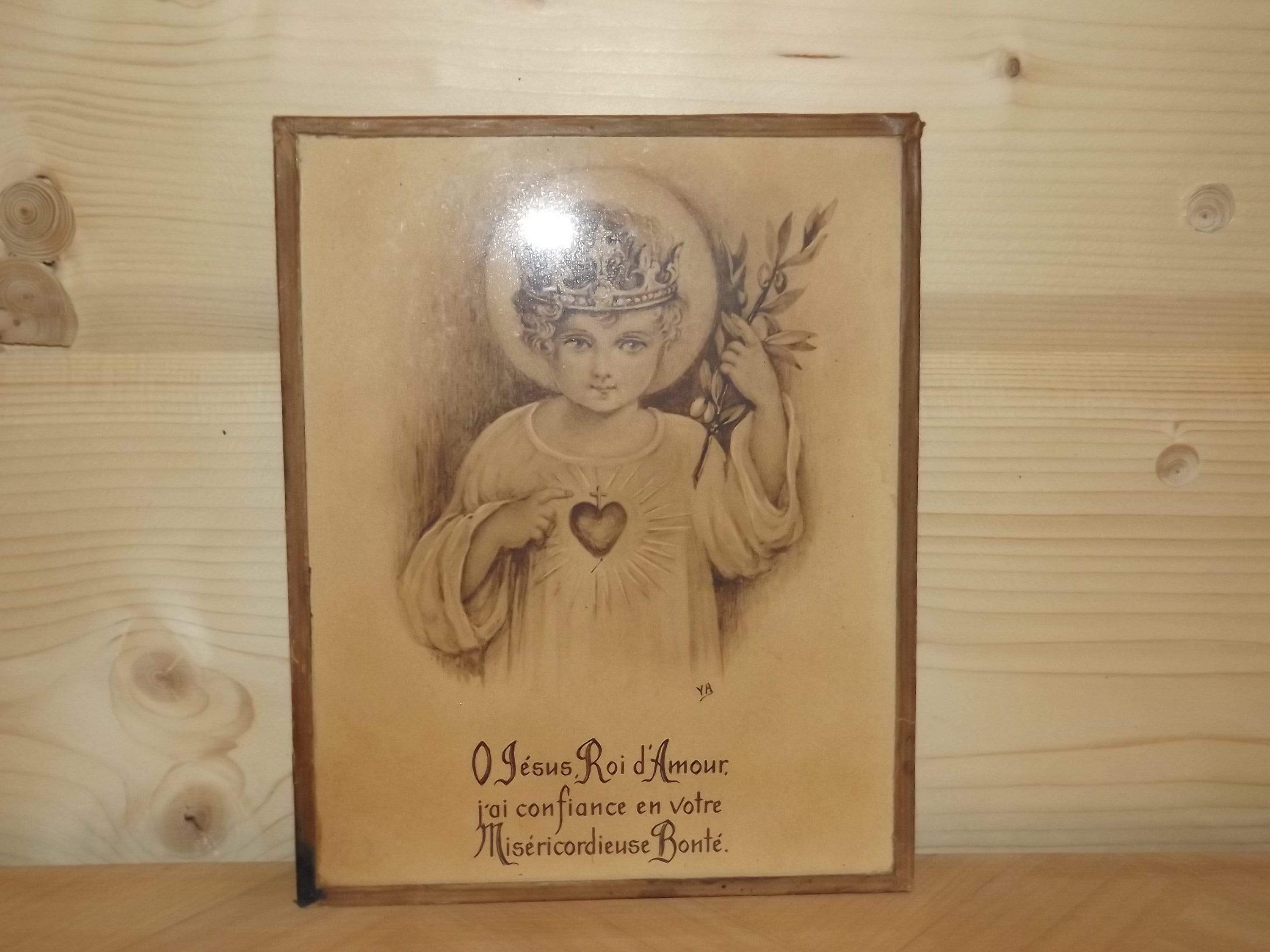 French Vintage Jesus Child Print - Taped Glass Christian Decor O Roi d'amour J'ai Confiance en Votre