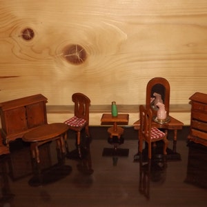 Vintage French Dollhouse Miniature Furniture Set - Wooden Miniature Furniture - Tables Clock Drawers Wardrobe Chairs Vanity Unit Doll House