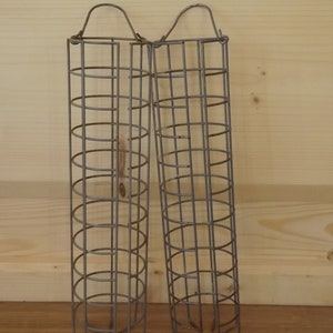 Vintage French Pair of Dispensers Metal Wire - Industrial Decoration - Curiosity Tube Dispensers Bag Dispensers - Bird Grain Dispenser