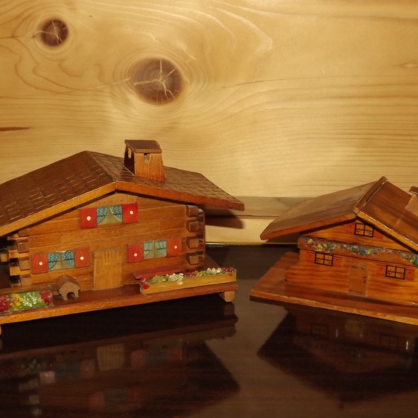 Set of 2 Vintage Cottage Boxes - Wooden House Music Box - French Swiss Handmade Cottage Boxes - Mountain Chalet