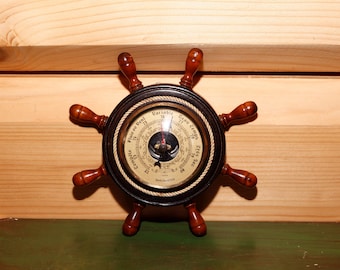 Barómetro marino francés antiguo Baromaster - Barómetro de madera con timón de barco - Decoración de rueda de barco - Objeto Steampunk