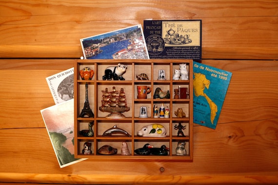 Vintage Wall Decor Wooden Shelving Filled with Miniatures Unique Objects Display Shelf Shadow Box Porcelain Animals Knick Knacks Curiosities