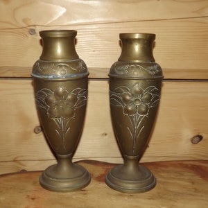French Pair of Brass Vases - Embossed Brass Floral Decor Vases - Two Antique French Brass Vases Handmade